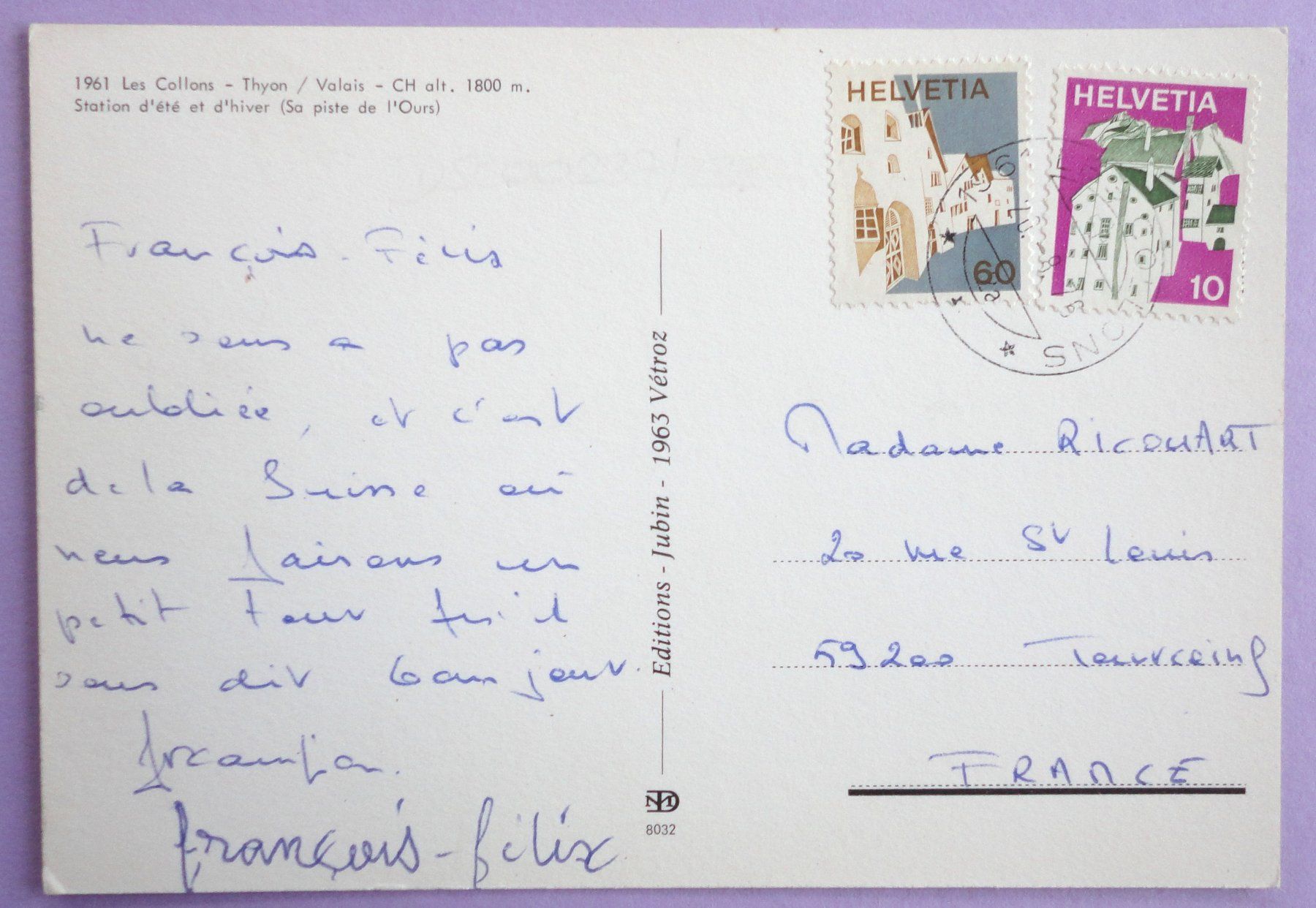 Cartoline postali: Les Collons - Thyon, alt. 1800 m – Usato da Fétigny venduto da Billy2miny 1