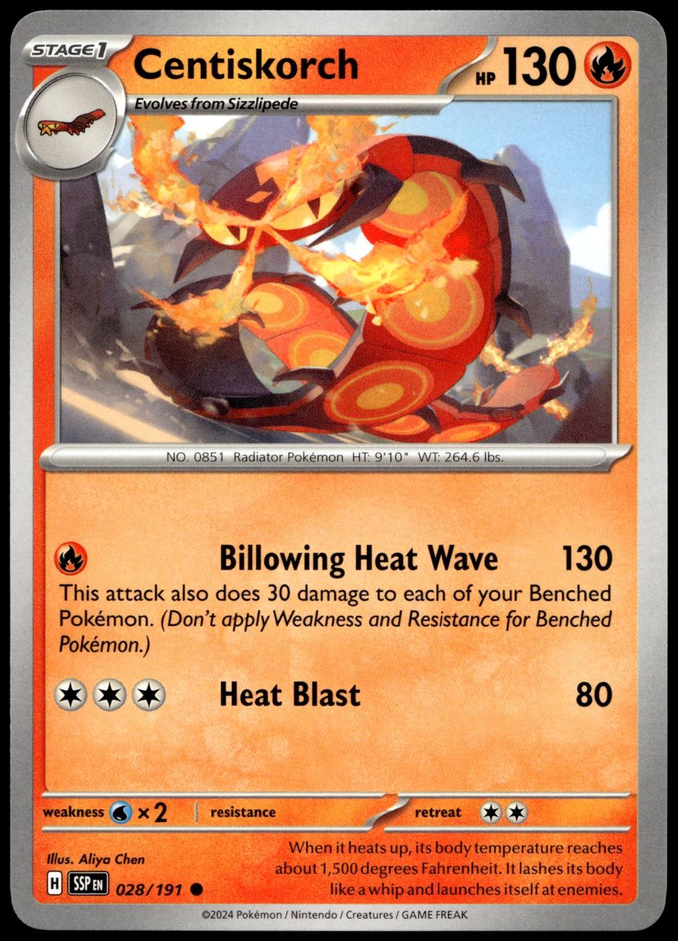 Pokémon Sammelbilder & Trading cards: Pokémon Centiskorch 028/191   SV08 Surging Sparks – Gebraucht aus Le Mouret von PokemonCards_CH