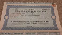 Certificato azionario Ceramiche riunite di Campione, 1925