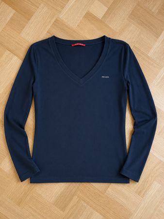 Prada Langarmshirt V-Ausschnitt Dunkelblau Grösse S guter Zu