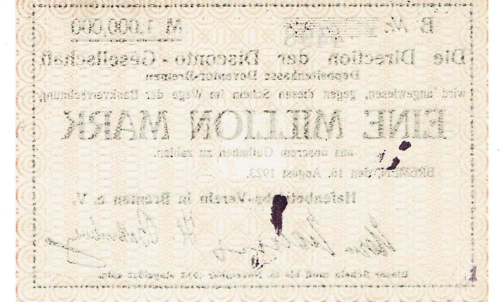 Banknoten: Bremen 1 Mil.Mark Reihe B 16.08.1923 VZ+-VZ++ – Gebraucht aus Steffisburg von ber_8htf 1