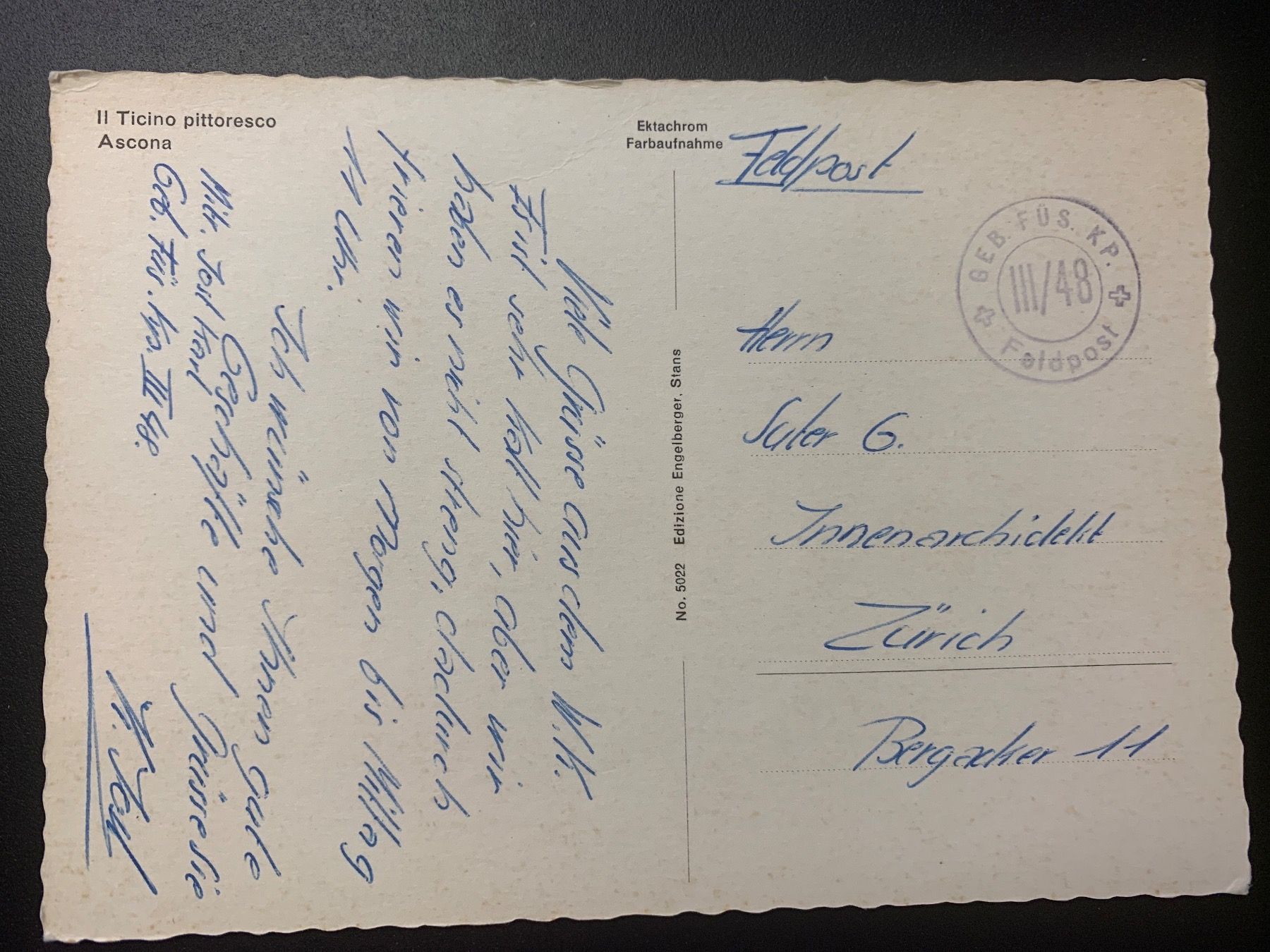 Cartoline postali: Alte Postkarte von Ascona Feldpost 1948 – Usato da Erlenbach ZH venduto da Ritschly 1