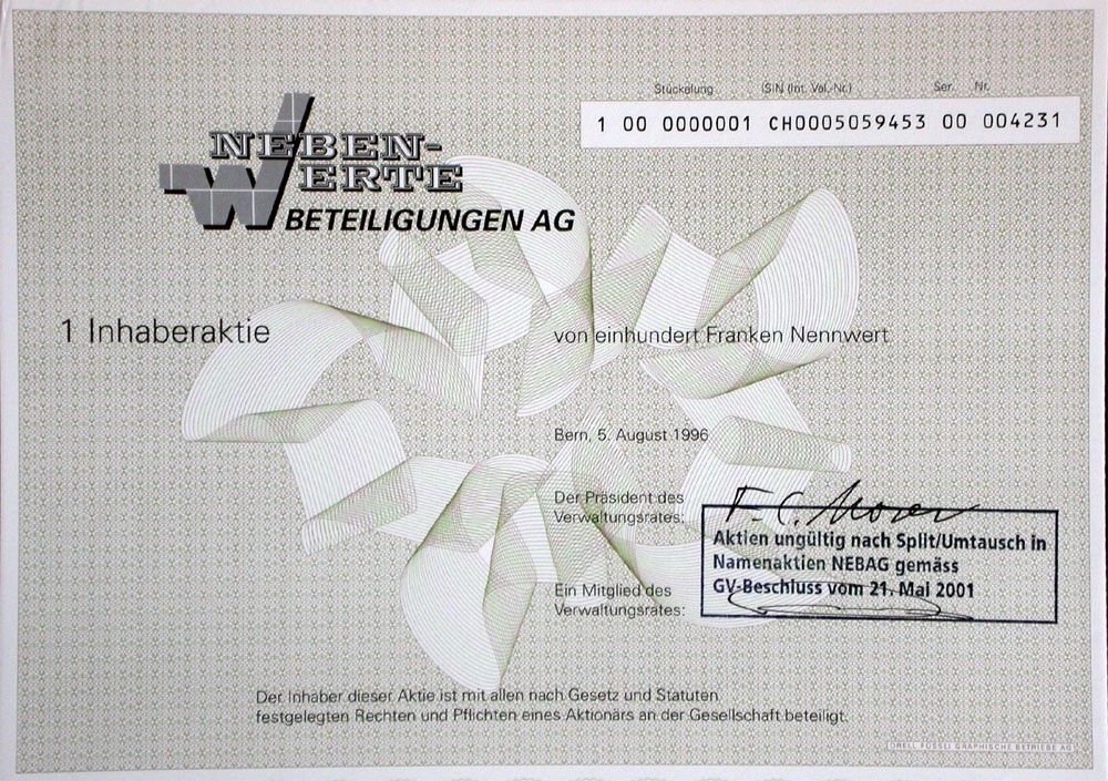 Documenti: Nebenwerte-Beteiligungen AG, Bern - 1996 – Usato da Solothurn venduto da Sgasche