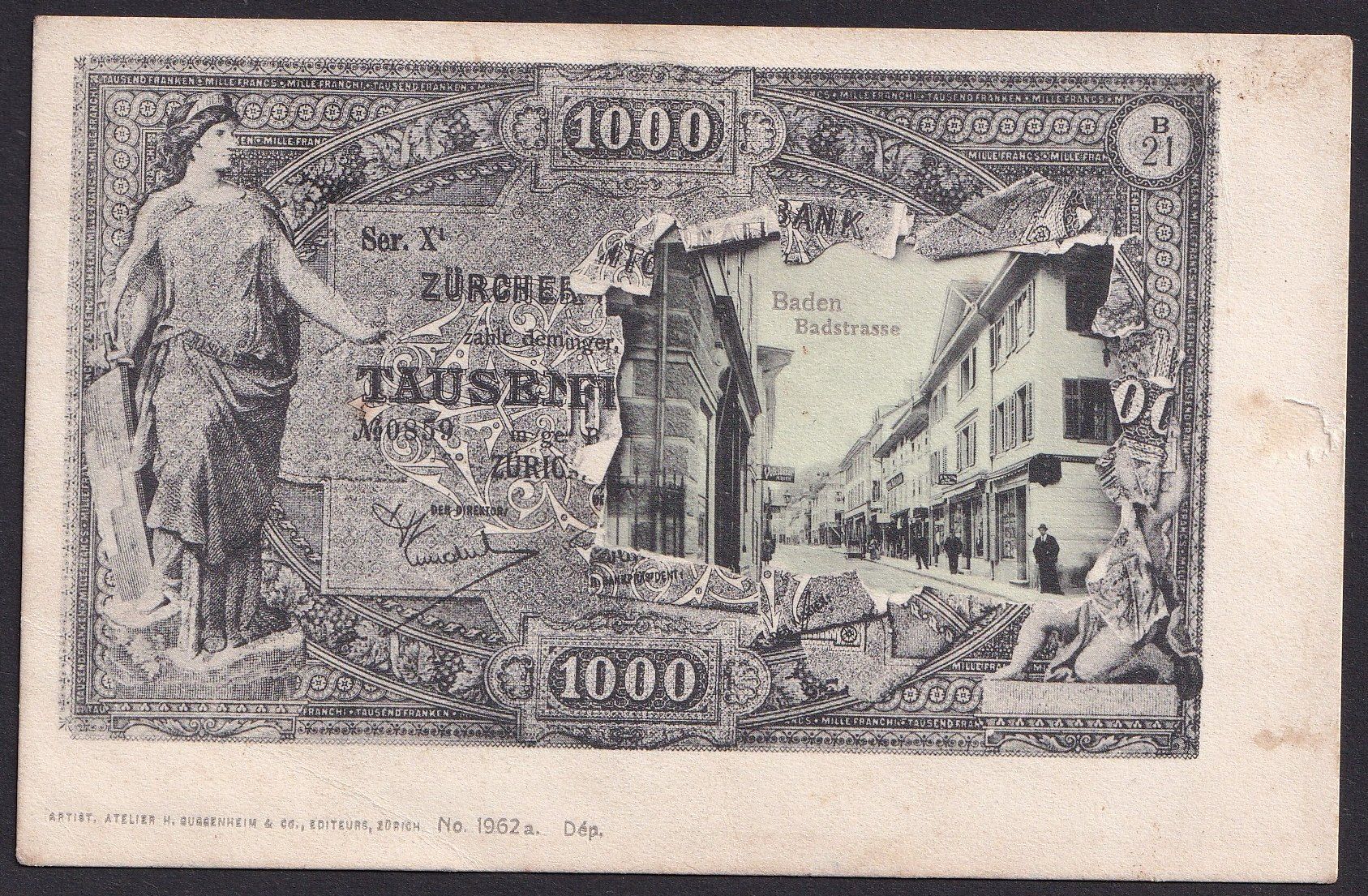 Ansichtskarten: Baden Badstrasse mit 1000-Note und Helvetia – Gebraucht aus Olten von clotaldi