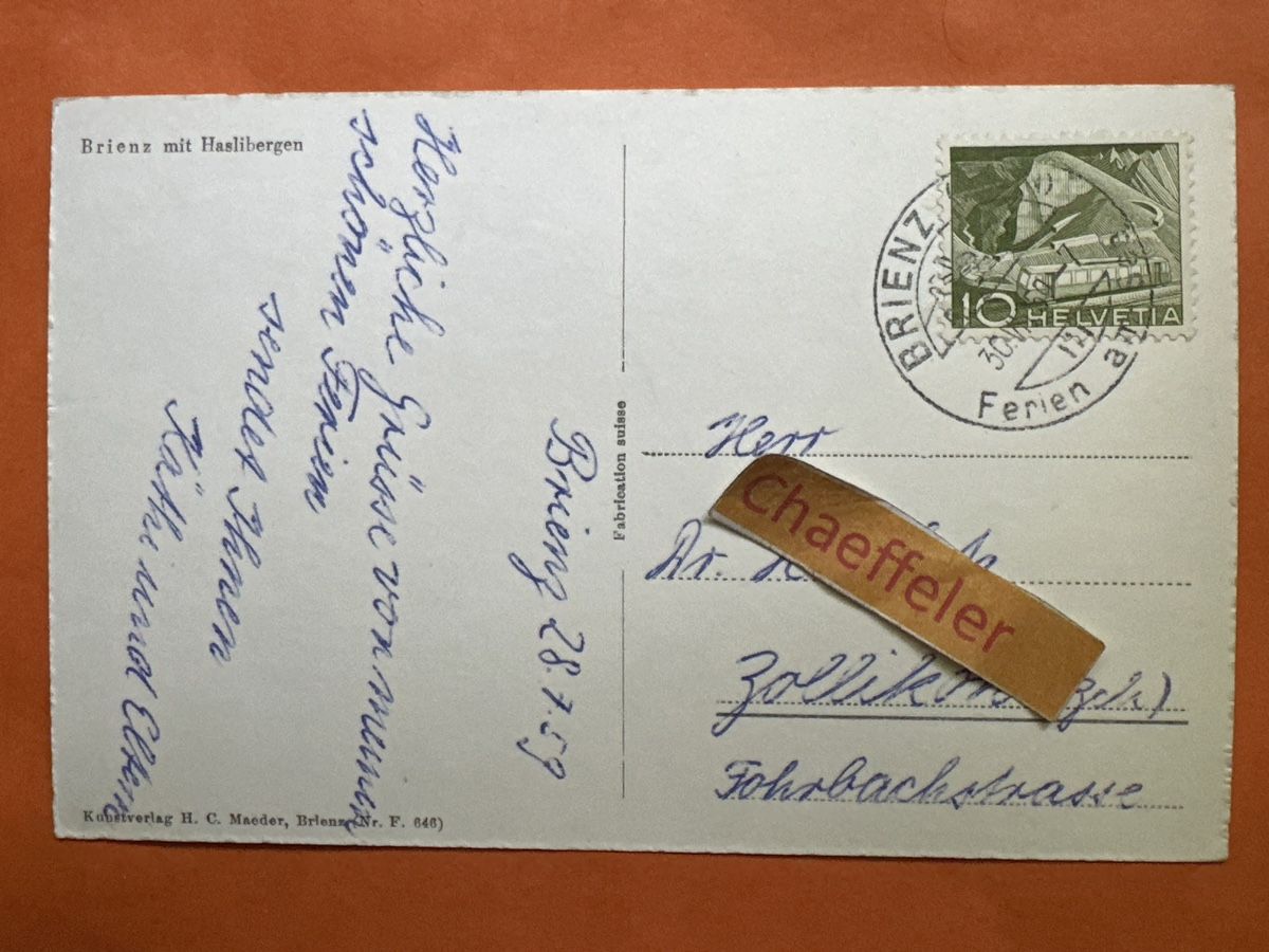 Ansichtskarten: 1959  Brienz mit Haslibergen – Gebraucht aus Zürich von Chaeffeler 1