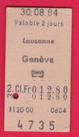 KARTON BILLETT, LAUSANNE - GENÈVE, 2.KLASSE, EINFACH, 1984