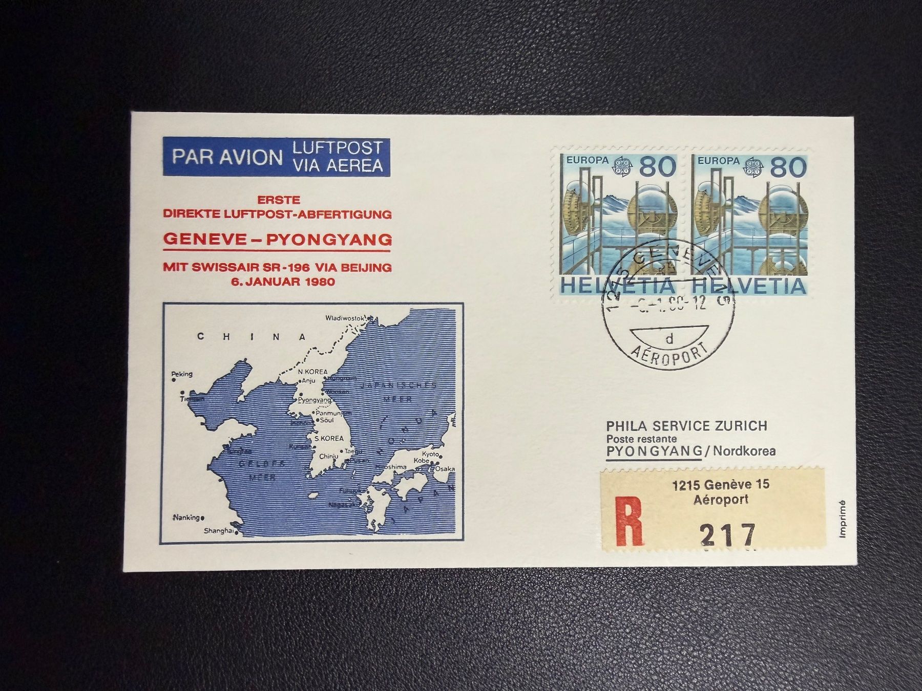 Alle Briefmarken: Erste direkte Luftpost Genf-Pyongyang 1980 – Gebraucht aus oberrüti von jeanmei