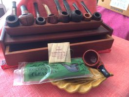 Lot de 8 pipes neuves et usagées avec support en bois