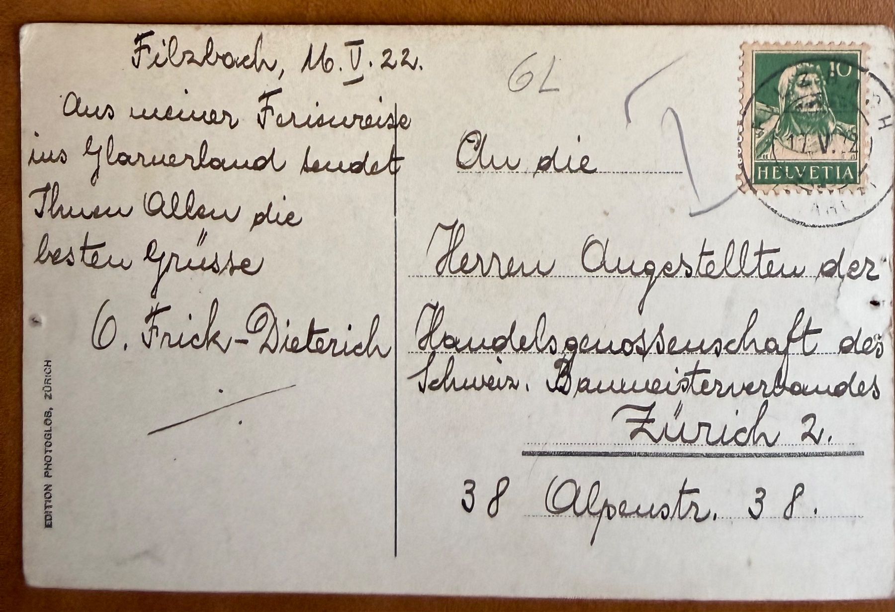 Cartoline postali: Filzbach - Spanneggsee - Animation 1922 – Usato da Lutry venduto da Ediego 2