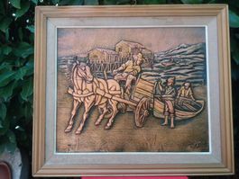 Tableau en relief cuivré, pêcheur de l'île de Chiloé, Chili