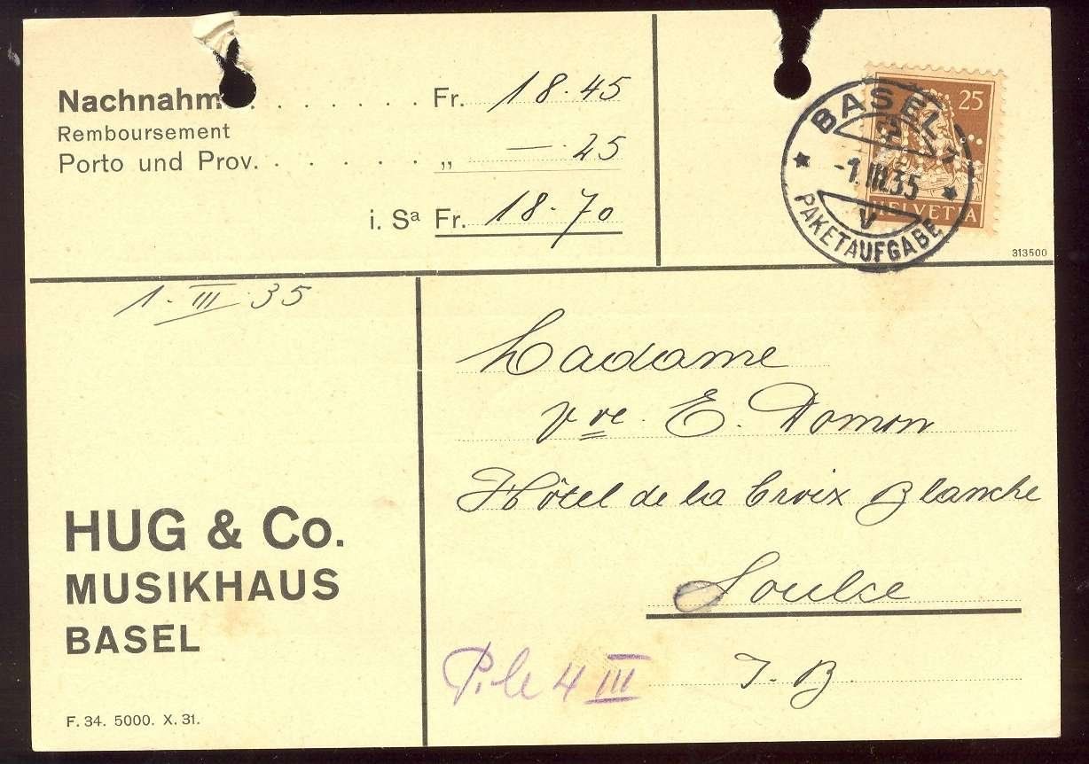 Alle Briefmarken: Perfin HUG / Basel 01.03.1935 pour Soulce. – Gebraucht aus Montenol von Vernier2