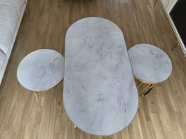 Coffee Table Set 3-Piece Marble Look Gold Metal Frame