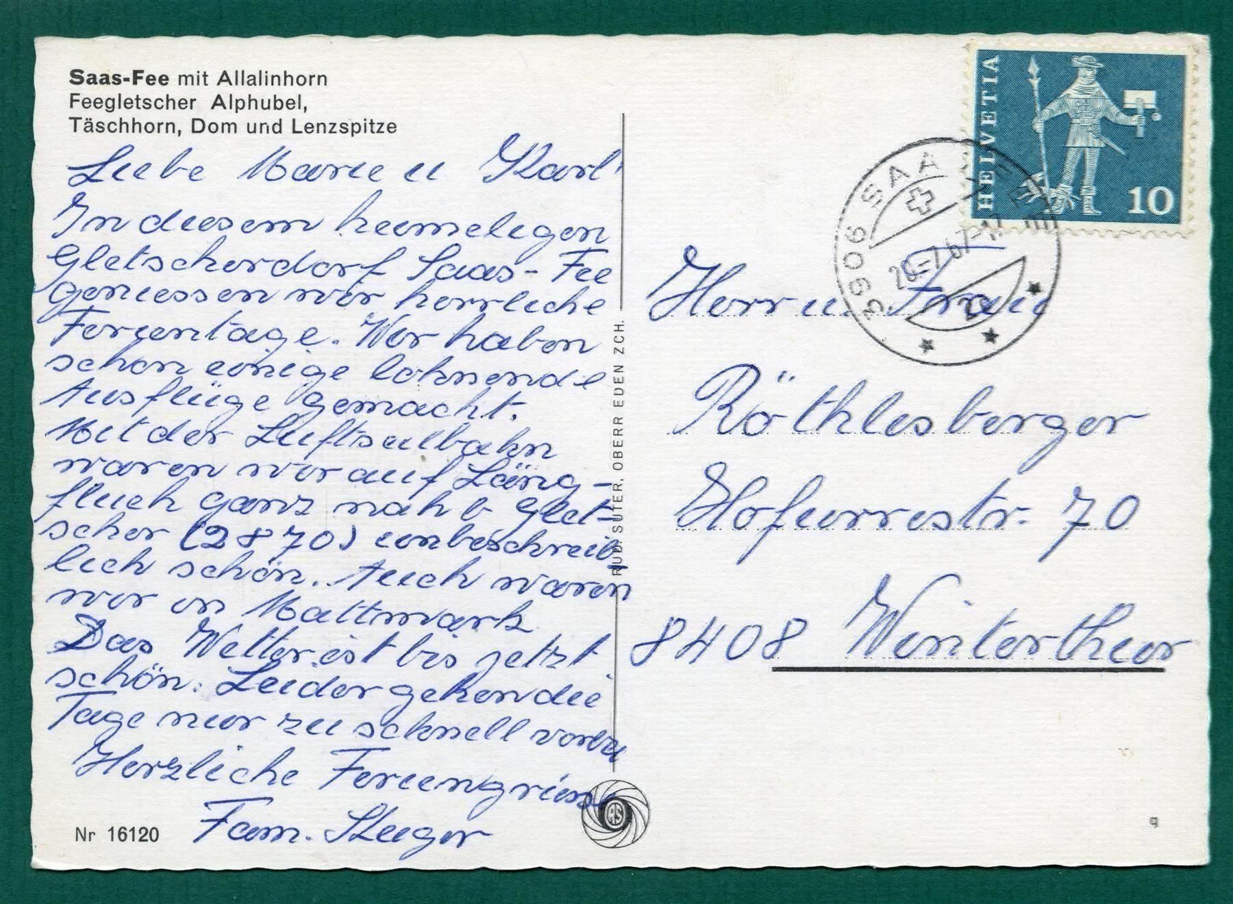 Cartoline postali: Saas-Fee, 1967, mit Allalinhorn, gelaufen, Grossformat – Usato da Sargans venduto da Hausi1951 1