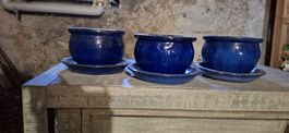 3er Set: Blaue Tontöpfe mit Untersetzer