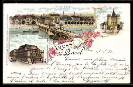 Litho Basel, Ortsansicht mit Dampfer, Th