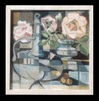 🌟Kubistisches Stillleben Gemälde Bild Rosen Vase 1979 70s🌟