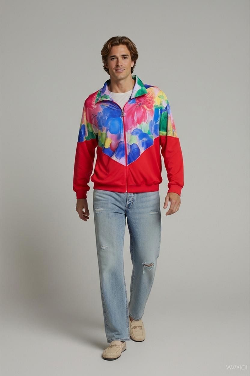 Giacche: Athlet Bunte Blumenmuster Windbreaker Jacke - Rot – Usato da Zug venduto da vinokilo