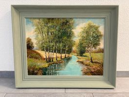 74 cm breit x 59 cm hoch/Ölgemälde - Birken am Bach bunt