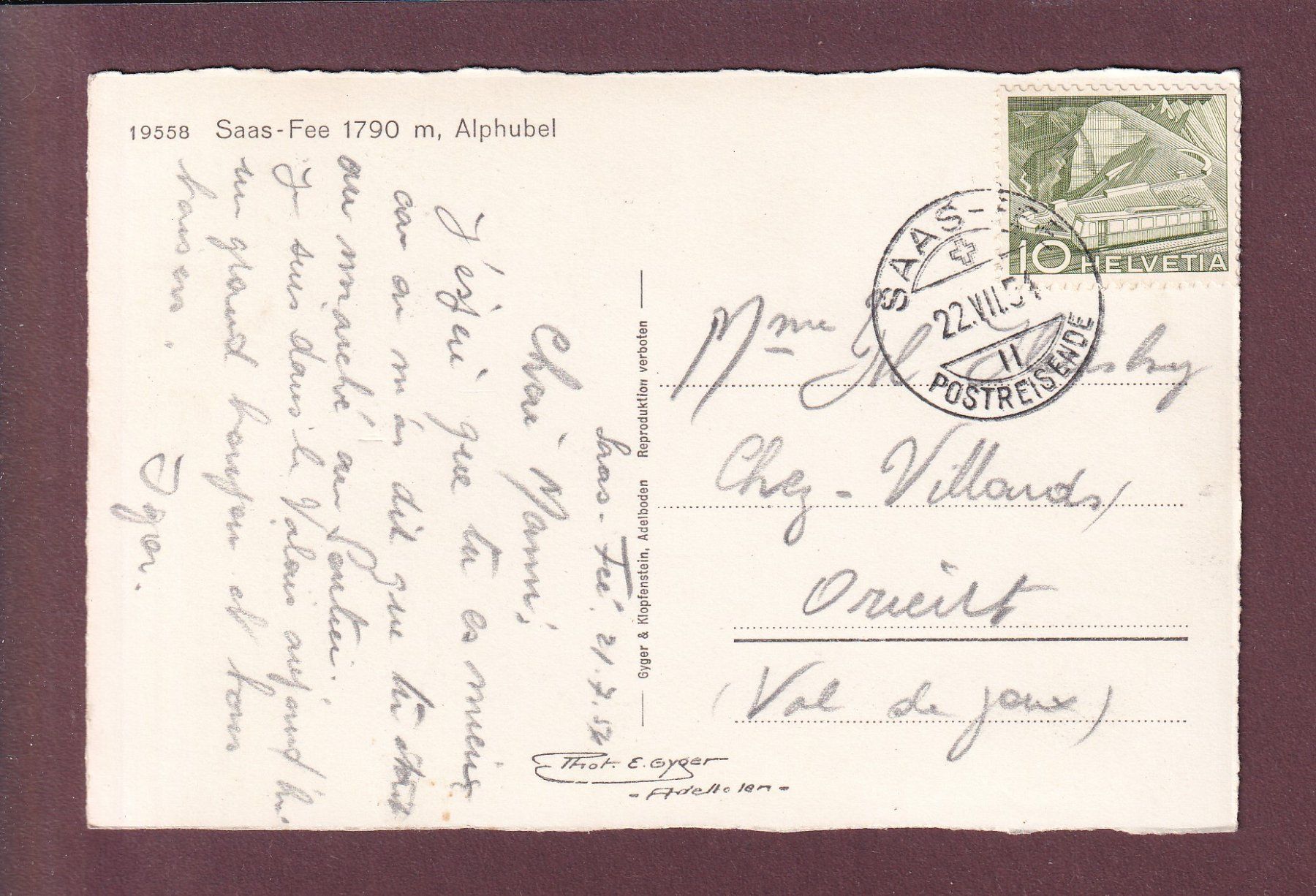 Cartoline postali: SAAS-FEE - Alphubel - 1954 – Usato da Pully venduto da nicecards 1