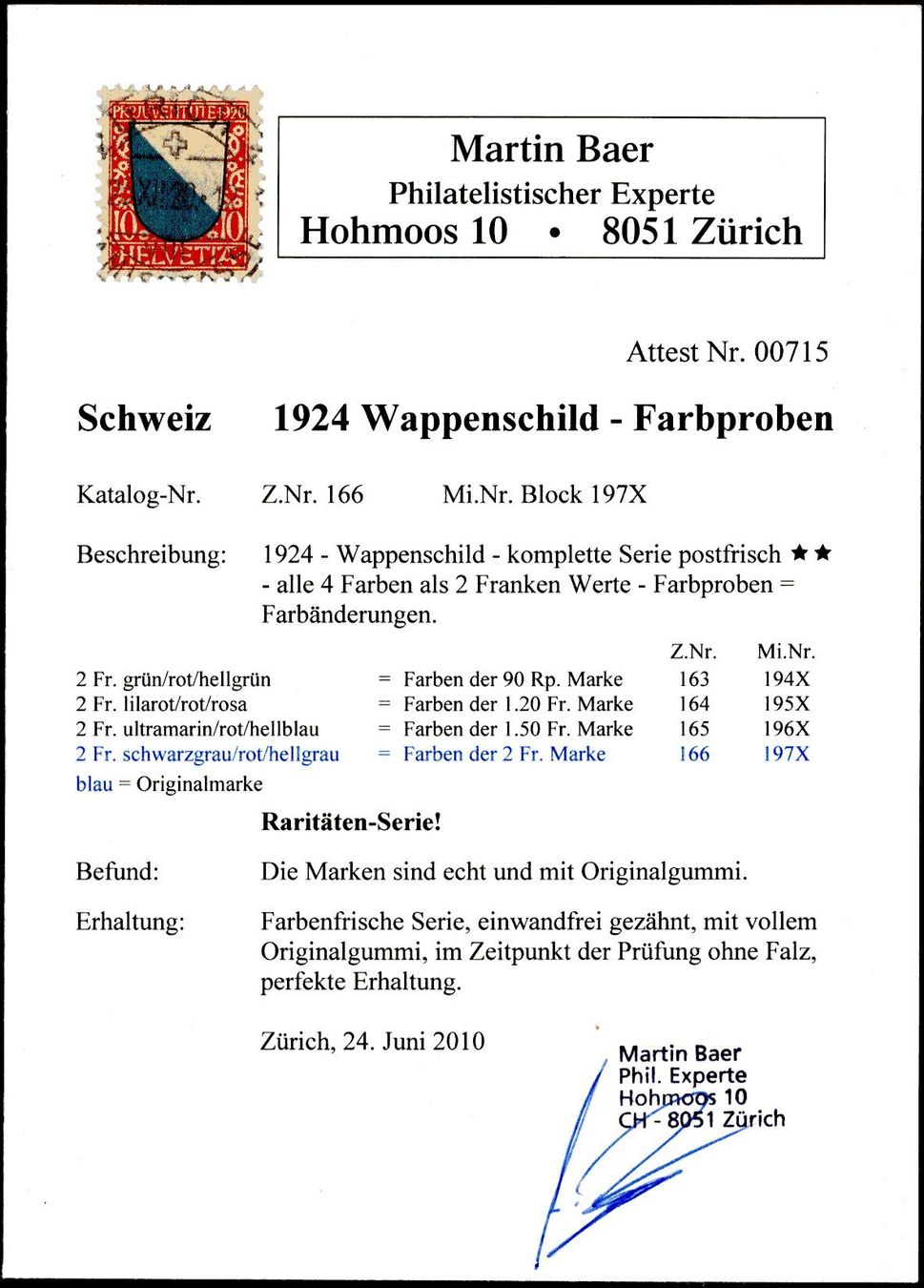 Tutti i francobolli: 1924 - 2Fr. Wappenschild - Farbprobe - Abarten – Nuovo (secondo la descrizione) da Schindellegi venduto da leecollect 2