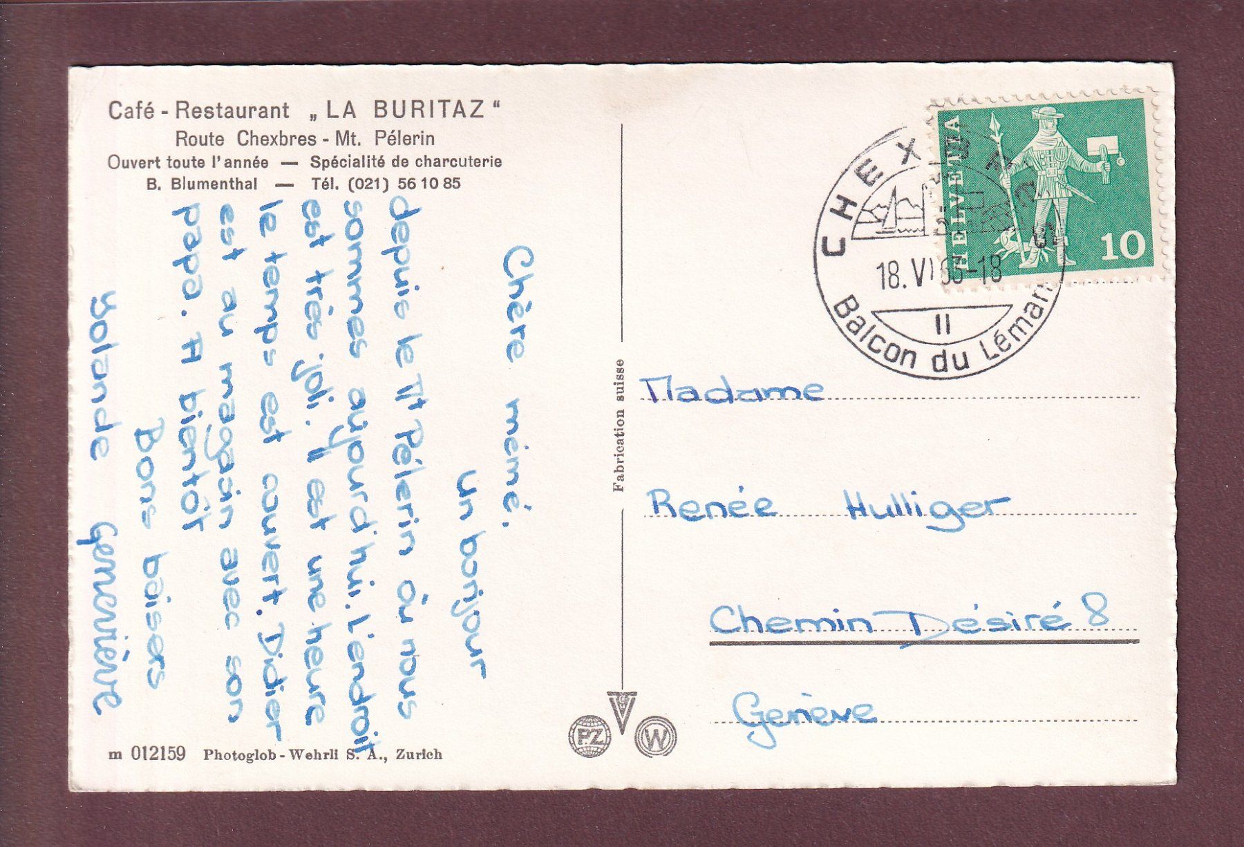 Cartoline postali: Chexbres - LA BURITAZ - B. Blumenthal - 1963 – Usato da Pully venduto da nicecards 1