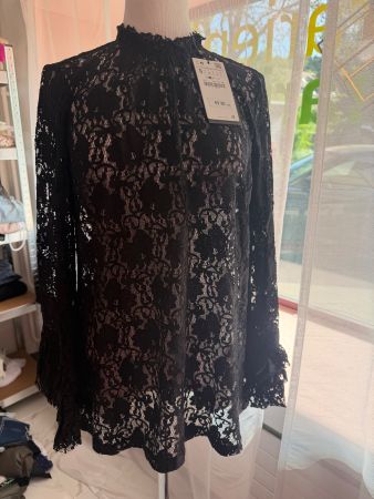 Schwarze Zara Spitze Bluse Gr. S, langarm, Sommer-Chic (57)