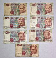 Italienische 1000 Lire Banknoten, 7 Stueck