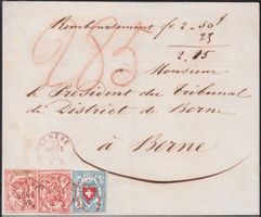 1852: Einmalige Frankatur von GENF mit roten ORTS-STEMPELN !