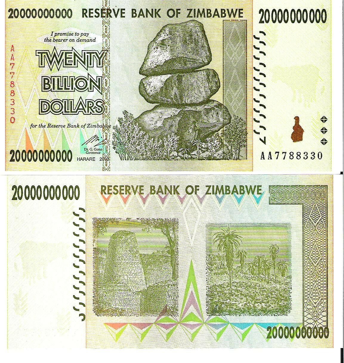 Banconote: ZIMBABWE 20 MILLARDS DOLLARS 2008 (UNC) – Nuovo (secondo la descrizione) da Sonceboz-Sombeval venduto da Simuncons