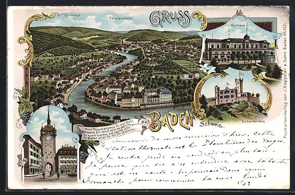 Cartes postales: Litho Baden, Totalansicht, Stadtturm, Ku – D'occasion à Berlin par bartko-reher