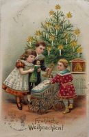 Gold Prägedruck, Weihnachten, Kinder, Puppe, Kinderwagen