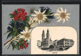 Zürich, Uferpartie mit Kirche, Alpenblu
