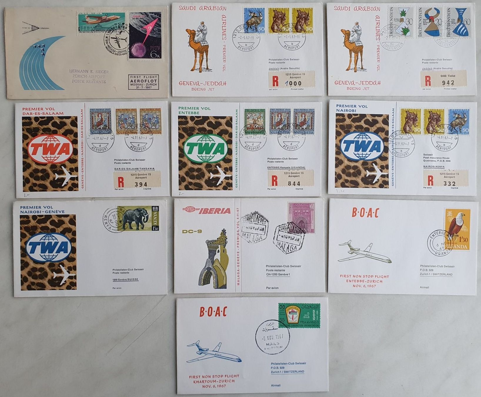 Alle Briefmarken: 10 Erstflüge 1967 – Gebraucht aus Fislisbach von Zigzag12