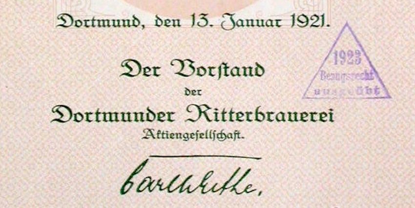 Documenti: Dortmunder Ritterbrauerei AG, Dortmund - 1921 – Usato da Solothurn venduto da Sgasche 1