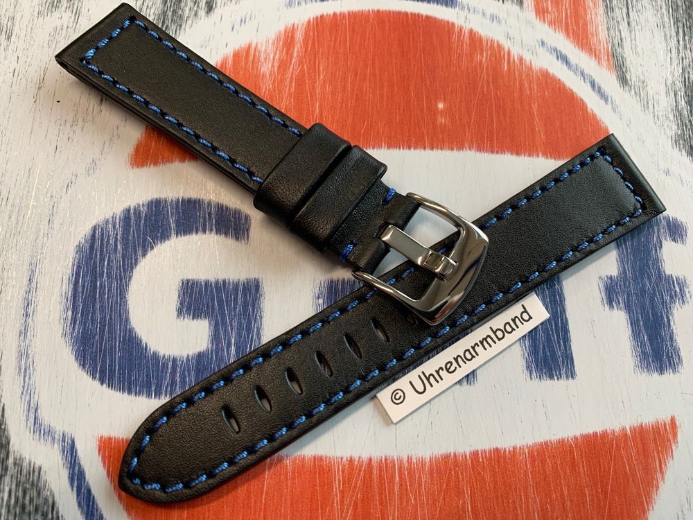 20mm Lederarmband für Uhren, schwarz Naht blau, Uhrenband (Neu