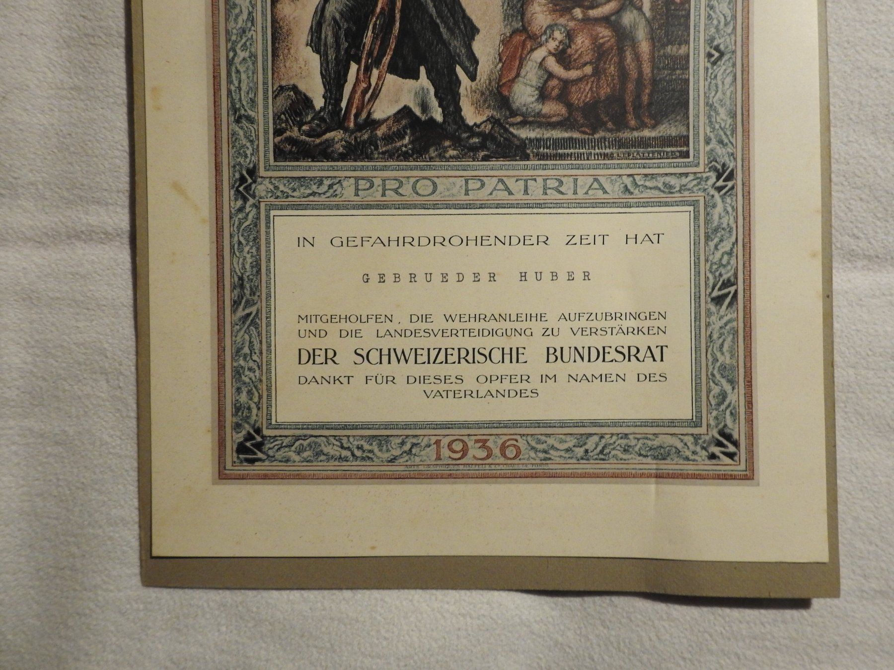 Documenti: Pro Patria Schweizer Bundesrat 1936 Dankes-Urkunde – Usato da Uznach venduto da killroy99 2