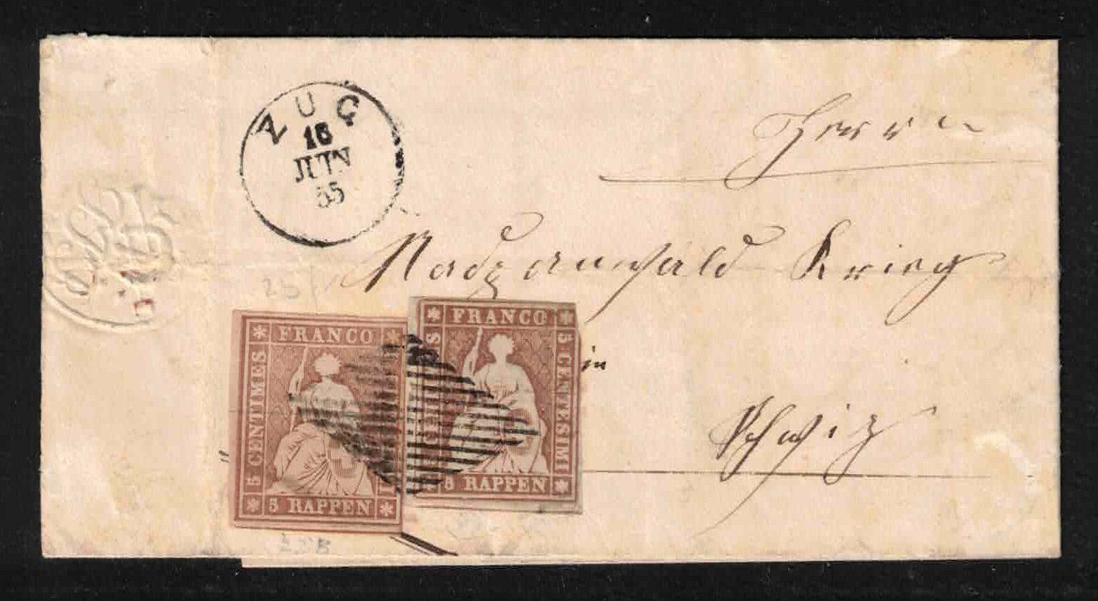 Tutti i francobolli: 1855, Strubel Brief mit 2 x Nr.22B, "Zug 16.JUN.55" – Nuovo (secondo la descrizione) da Nuglar venduto da Stamp88