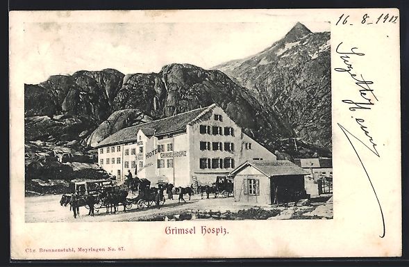 Cartoline postali: Grimsel, Hospiz mit Kutsche und Bergpano – Usato da Berlin venduto da bartko-reher