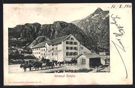 Grimsel, Hospiz mit Kutsche und Bergpano