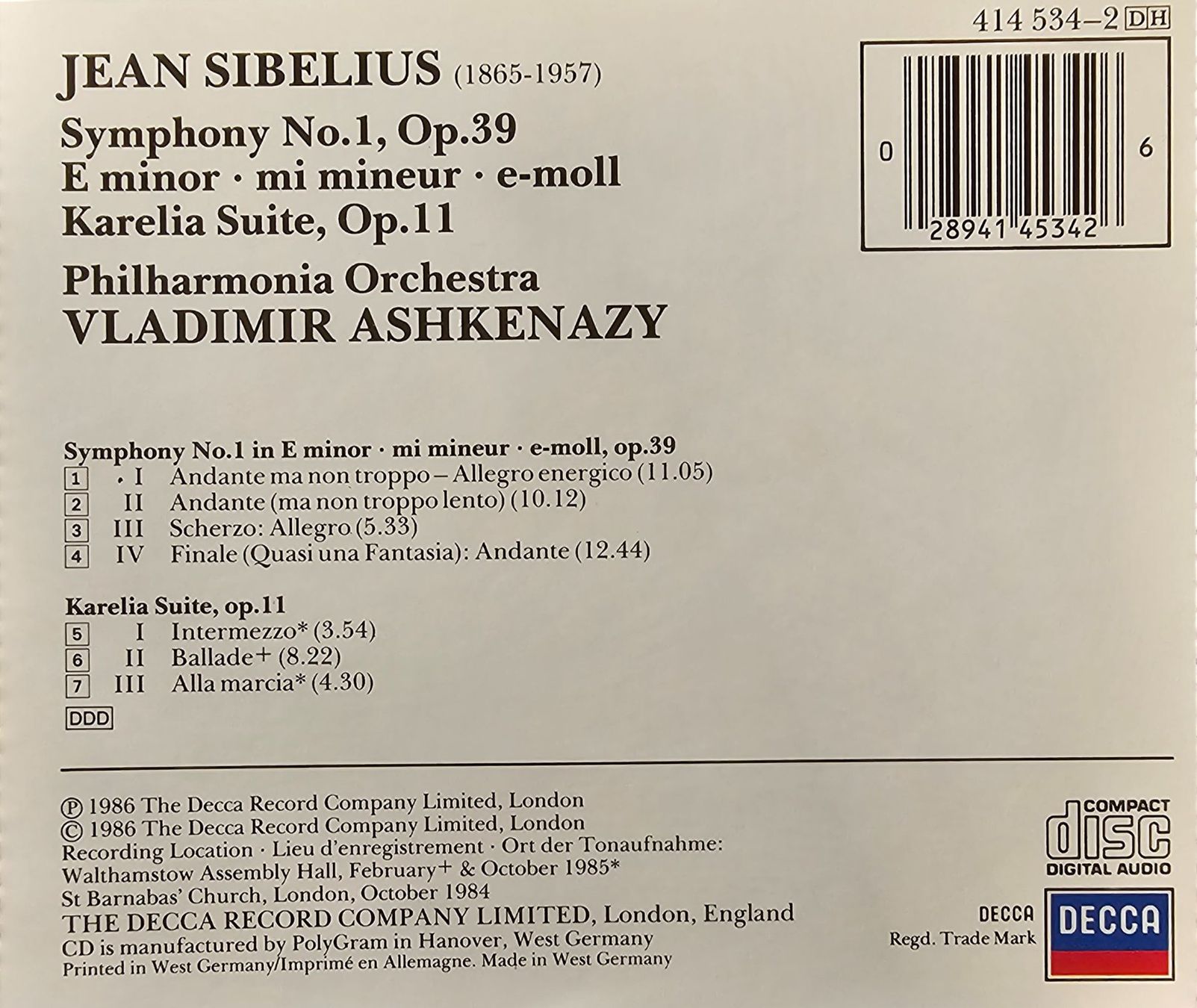 CDs: Sibelius - Symphony No. 1 / Karelia Suite – Gebraucht aus Wahlen b. Laufen von Cg10 1