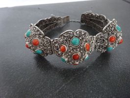 Vintage Silberarmband Türkis & Koralle China