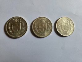 5 Franken Münze Schweiz 1965/66/67 aus Silber unz/stgl.