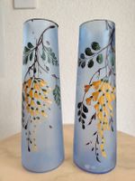Paire de Vases Art Nouveau en Verre Satiné Bleu peint main