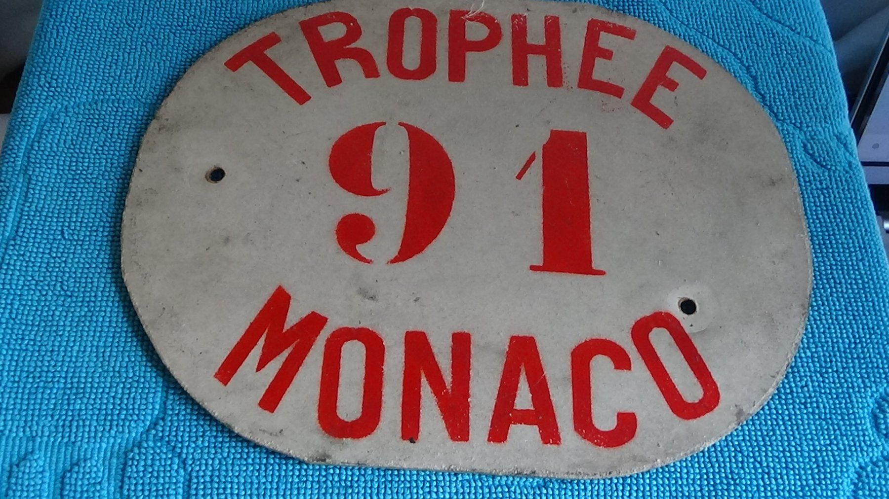 Insegne: Trophäe Monaco 91 altes Rennschild Motorrad Auto . – Usato da Wiedlisbach venduto da Bobesch10