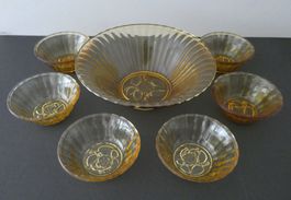 Glasschüssel und 6 kleine Dessertschalen, Vintage 50er Jahre