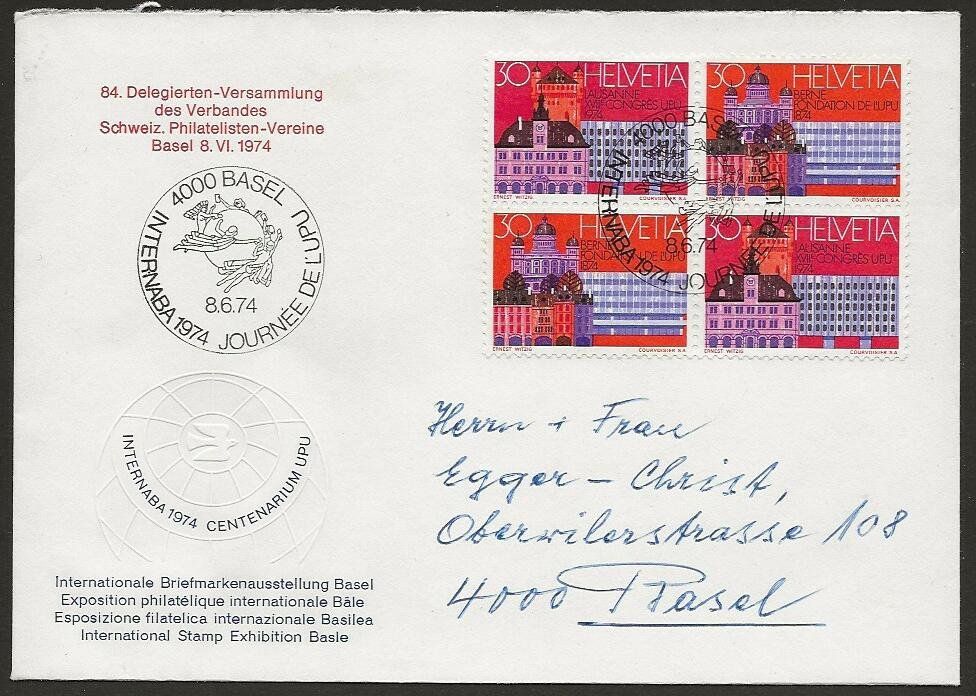 Tutti i francobolli: 1974 Brief INTERNABA v Basel 84 Del. Versammlung – Usato da Arlesheim venduto da kuhnphila