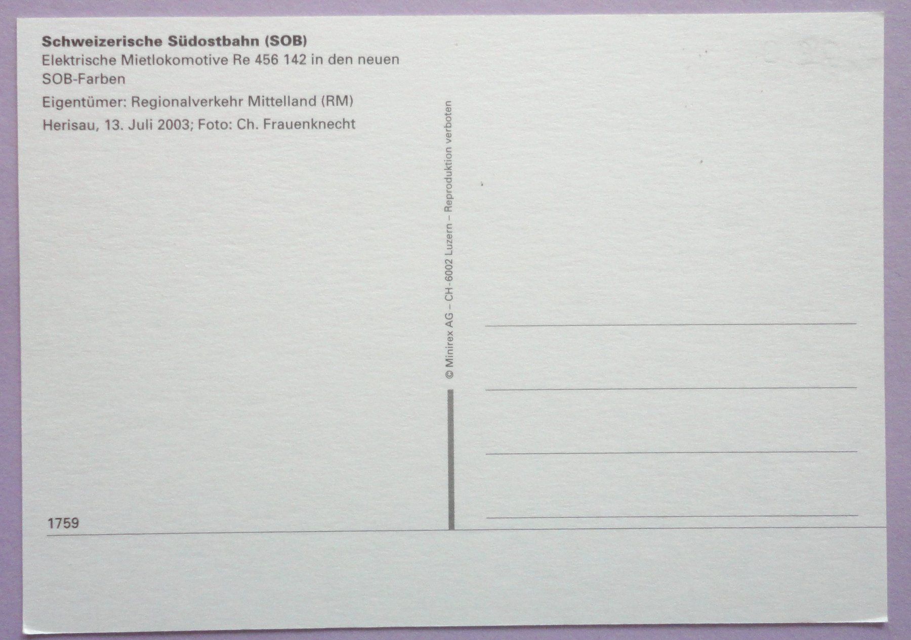 Cartes postales: Schweizerische Südostbahn (SOB) – D'occasion à Fétigny par Billy2miny 1