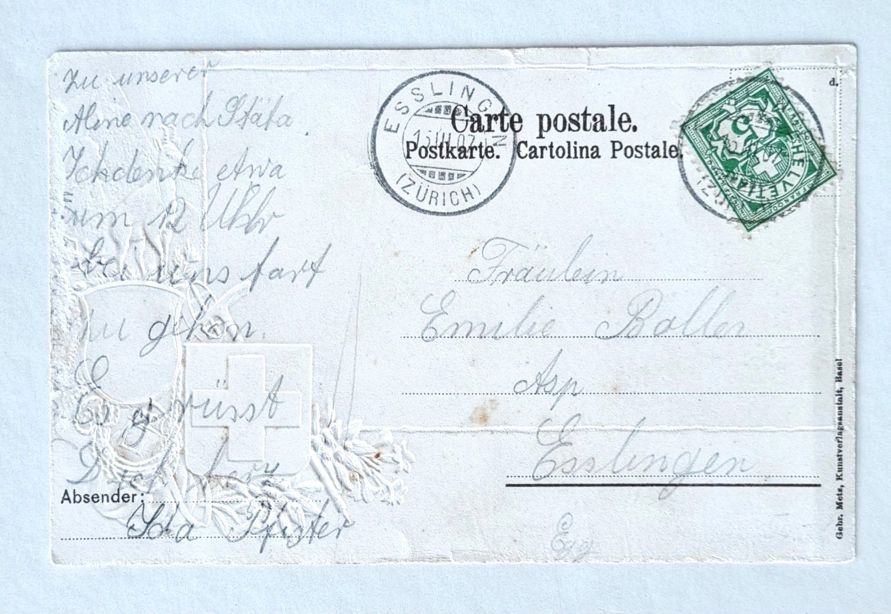 Cartoline postali: Uster - Bahnhof - Damfzug - Usterhof - Matterhorn - 1907 – Usato da Rothrist venduto da RROENK 1