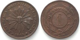URUGUAY 1 Centesimo 1869 H, Kupfer ERHALTUNG! vz+