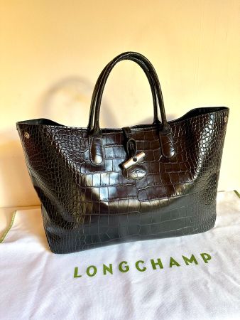 Sac Longchamp Roseau - Cuir Croco Noir.